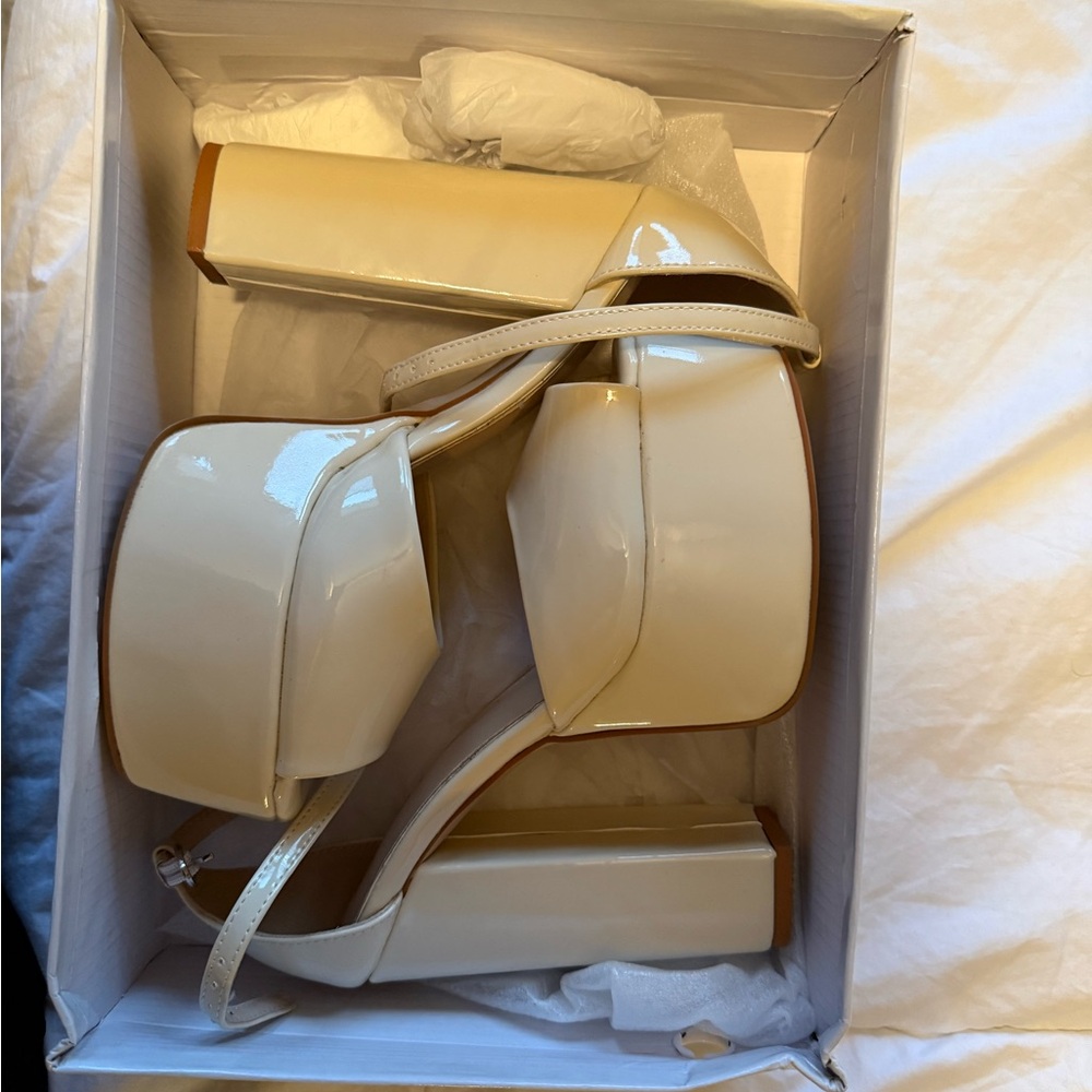 Patent Platform Block Heel Sandals in Cream